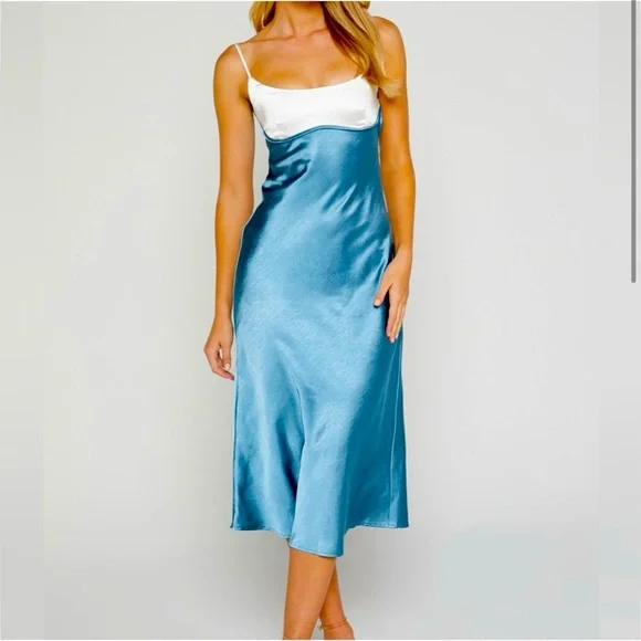 Showpo. | Dresses | Nwt Showpo Shantelle Midi Dress Satin Slip Contrast  Bust Dress In Steel Blue | Poshmark
